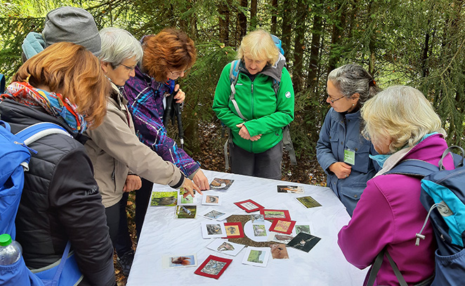 Teilnehmergruppe zur Waldführerausbildung steht um einen Tisch mit Bildungsmaterial